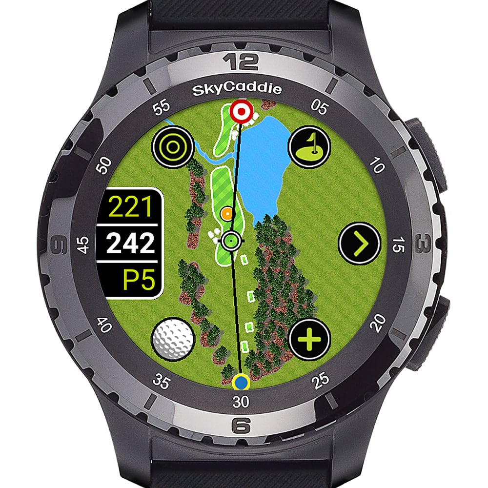 The text on the image is related to a golf course and its features. The watch displays information about the golf course, including the hole number, par, and distance to the hole. The watch also shows the player's score and the current hole. The watch is designed to assist golfers in tracking their performance and improving their game.