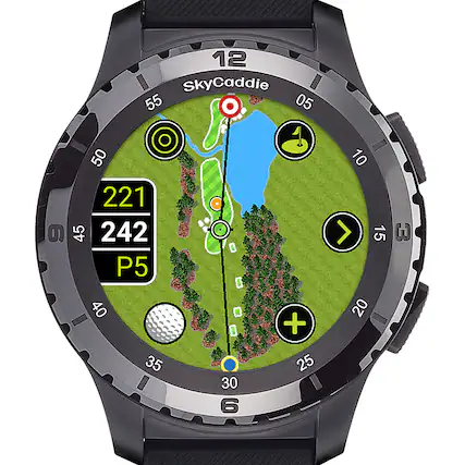 The text on the image is related to a golf course and its features. The watch displays information about the golf course, including the hole number, par, and distance to the hole. The watch also shows the player's score and the current hole. The watch is designed to assist golfers in tracking their performance and improving their game.