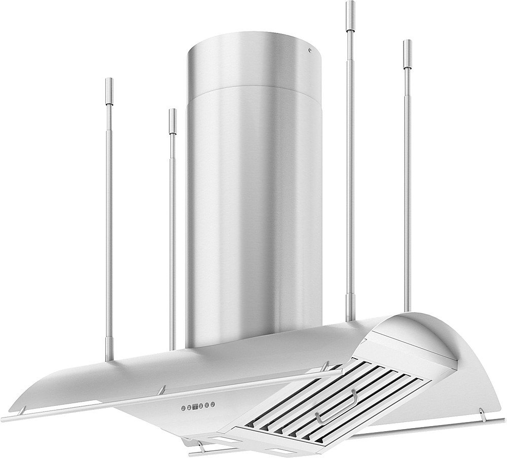 Angle View: Zephyr - Trapeze 36 in. Convertible Island Mount Range Hood with LED Lights BODY ONLY - Stainless steel
