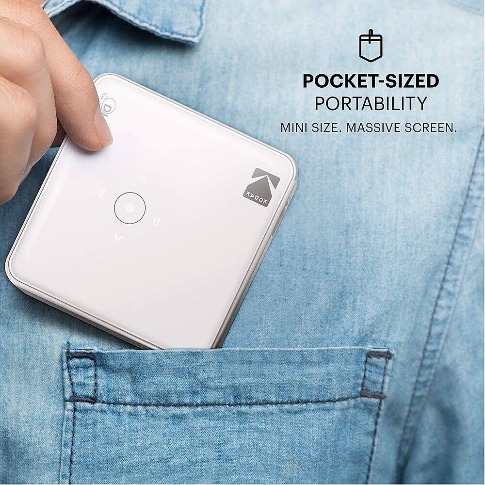 The text on the image reads: "Pocket-sized portability. Mini size. Massive screen."