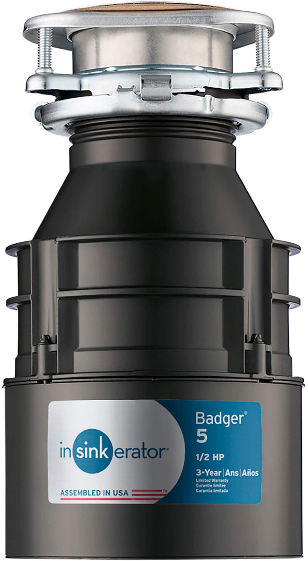 Left. InSinkerator - Badger 5 Lift and Latch Standard Series 1/2 HP Continuous Feed Garbage Disposal with Power Cord - Gray.