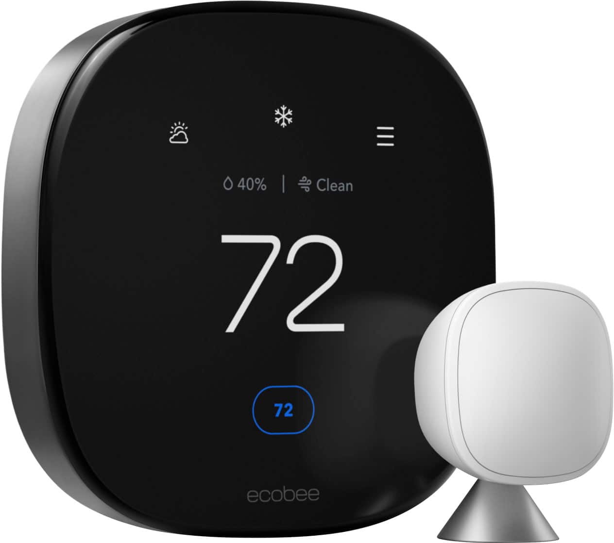 The text on the image reads: "40% | Clean 72 72 ecobee." This indicates that the temperature is set at 72 degrees, and the air quality is at 40%. The ecobee device is responsible for maintaining this temperature and air quality.