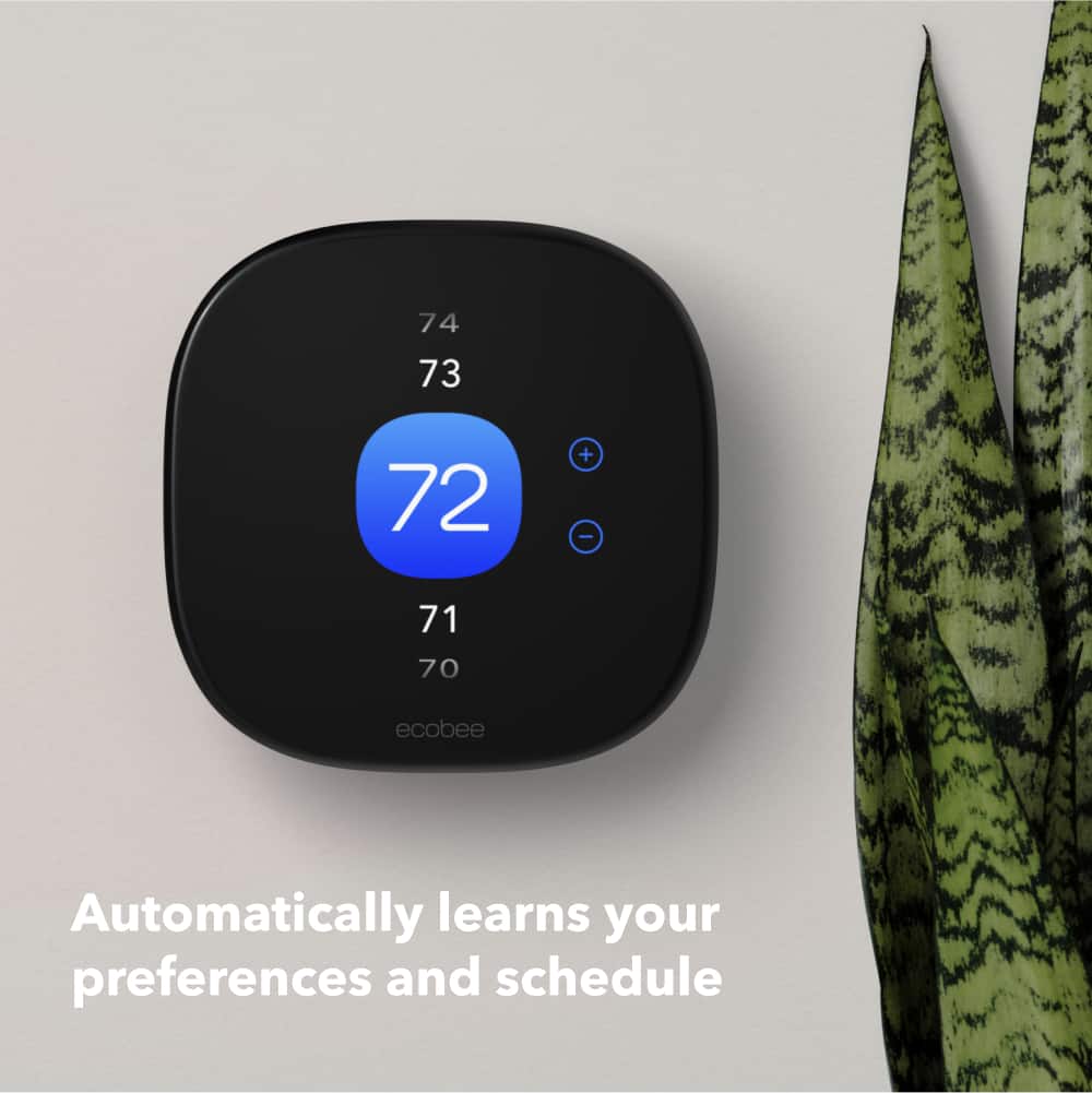 The text on the image reads: "74 73 72 + - 71 70 ecobee Automatically learns your preferences and schedule."