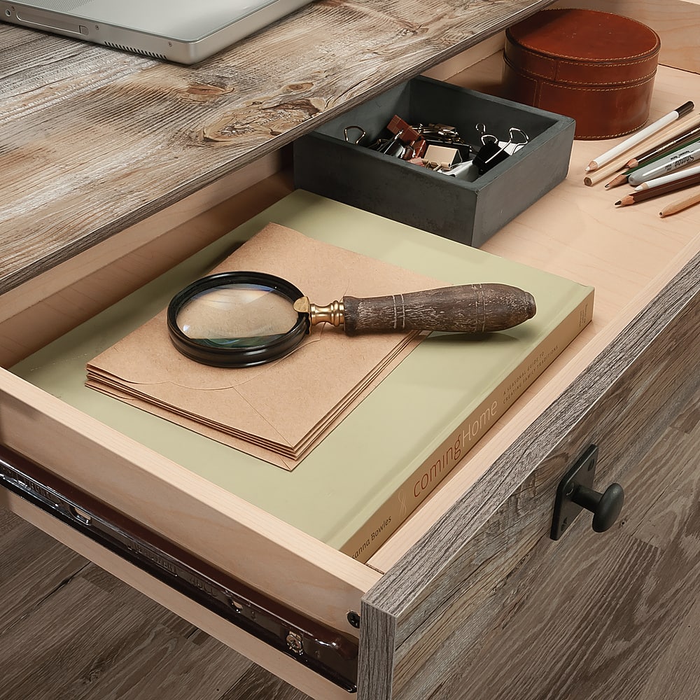 Left View: Sauder - Carson Forge Desk w/ Drawers - Rustic Cedar