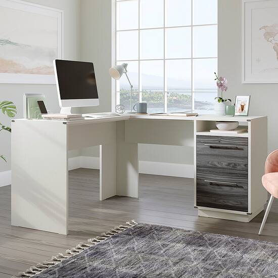 Sauder Vista Key L Desk Pearl Wh Misted Elm Pearl Oak 430879