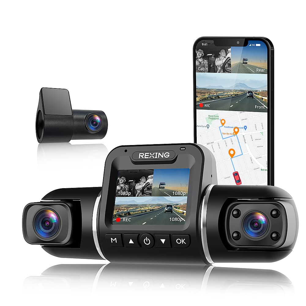 Front. Rexing - V2 Pro 1080p 3-Channel AI Car Dash Cam with Wi-Fi Built-in GPS and Adhesive Mount - Black.