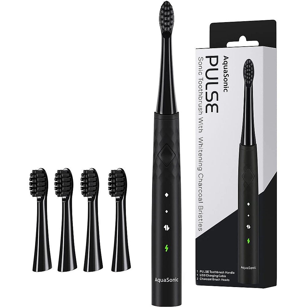 Angle View: AquaSonic - Sonic Rechargeable Electric Toothbrush with Activated Charcoal Whitening Bristles - Midnight Black