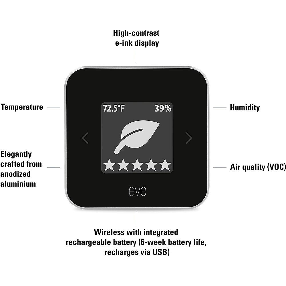 The image features a device with a high-contrast e-ink display. The device is designed to show the current temperature, which is 72.5°F, and the current humidity, which is 39%. The device is also designed to display air quality, specifically the VOC levels. The device is wireless and has an integrated rechargeable battery that can last up to six weeks on a single charge. It can be recharged via a USB connection. The device is elegantly crafted from anodized aluminum, making it both functional and visually appealing.