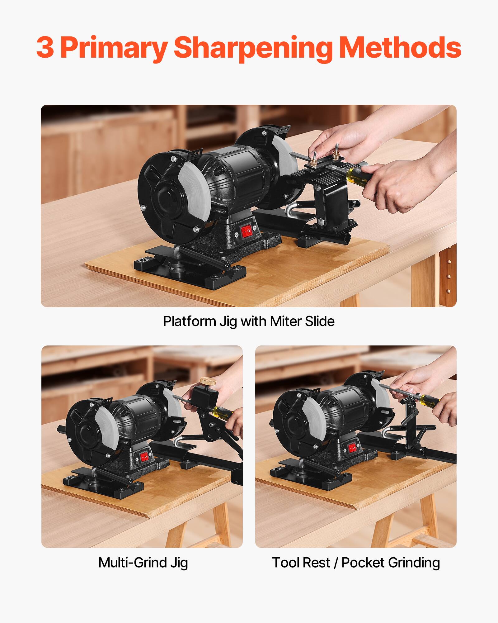 3 Primary Sharpening Methods

- Platform Jig with Miter Slide
- Multi-Grind Jig
- Tool Rest / Pocket Grinding