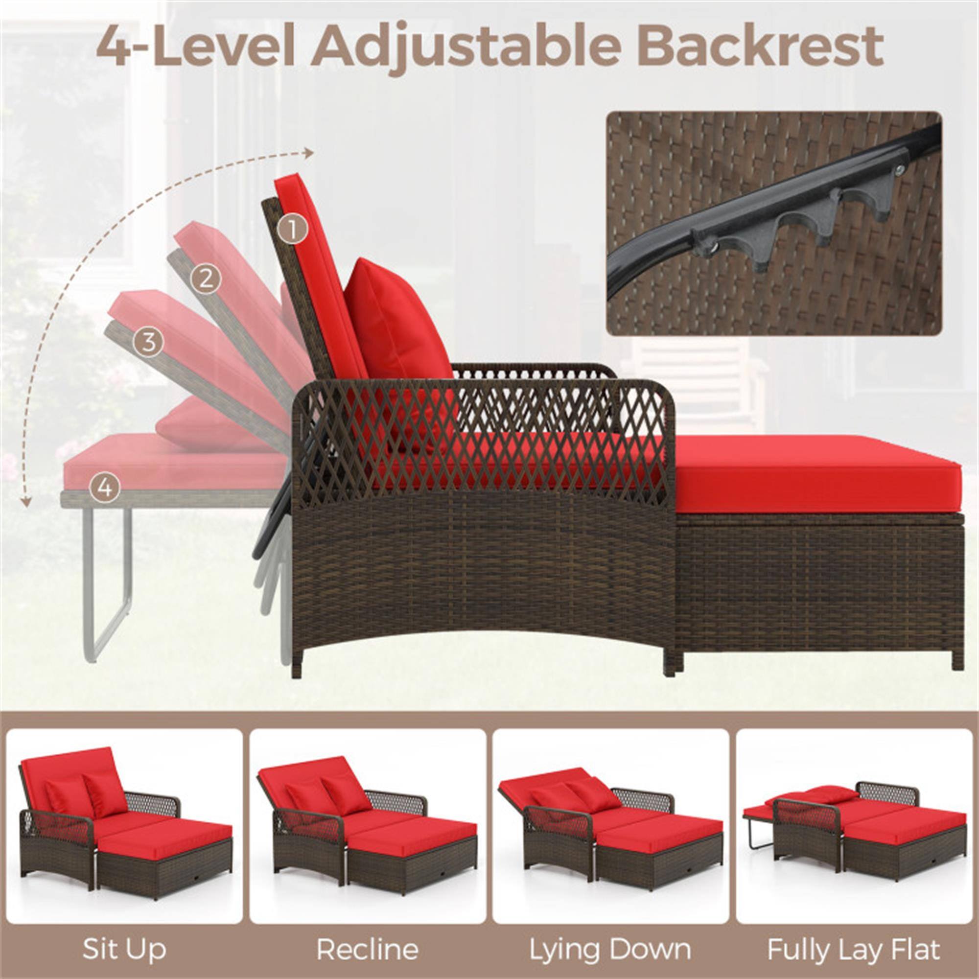 4-Level Adjustable Backrest

1. Sit Up
2. Recline
3. Lying Down
4. Fully Lay Flat