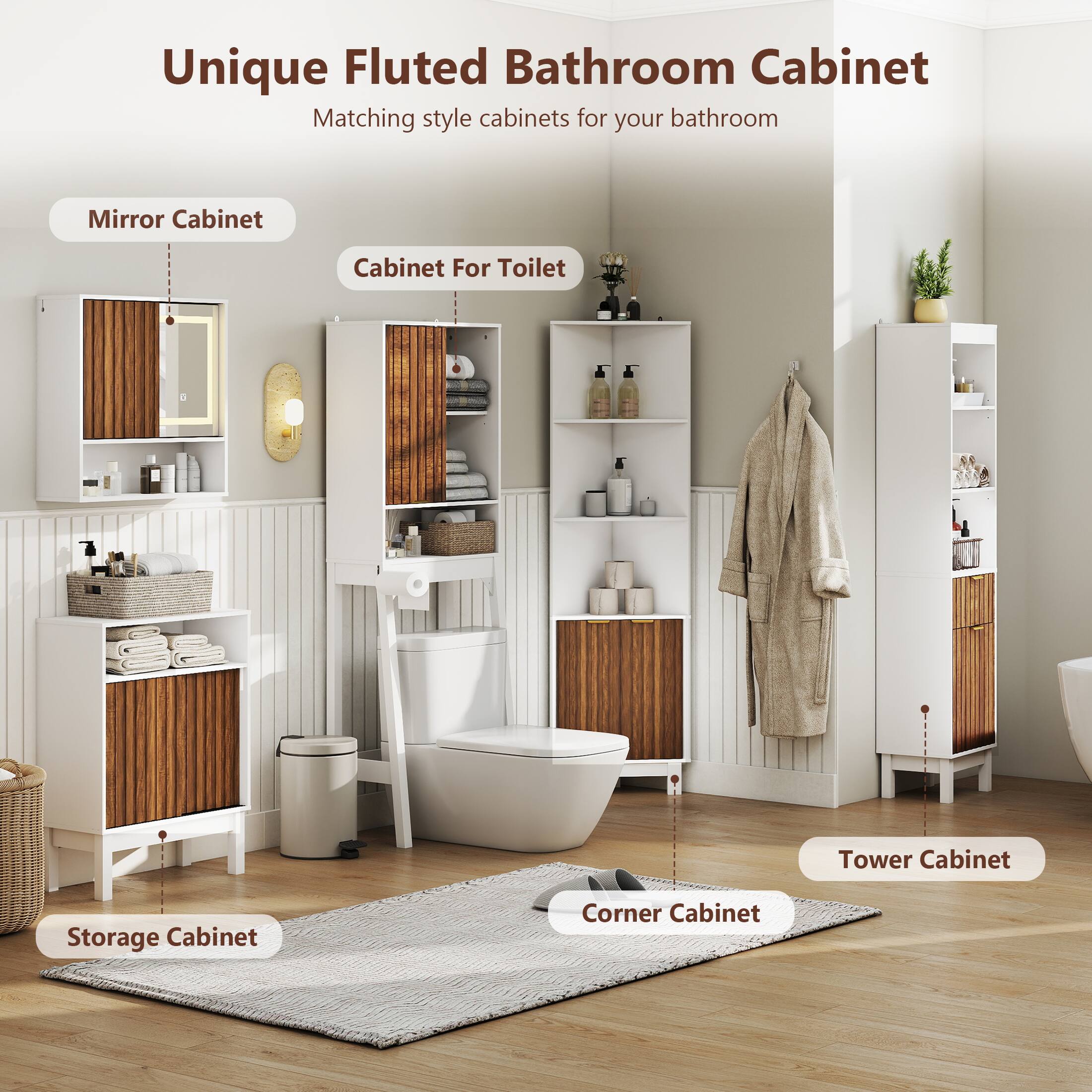 Unique Fluted Bathroom Cabinet, Matching style cabinets for your bathroom, Mirror Cabinet, Cabinet For Toilet, Tower Cabinet, Storage Cabinet, Corner Cabinet