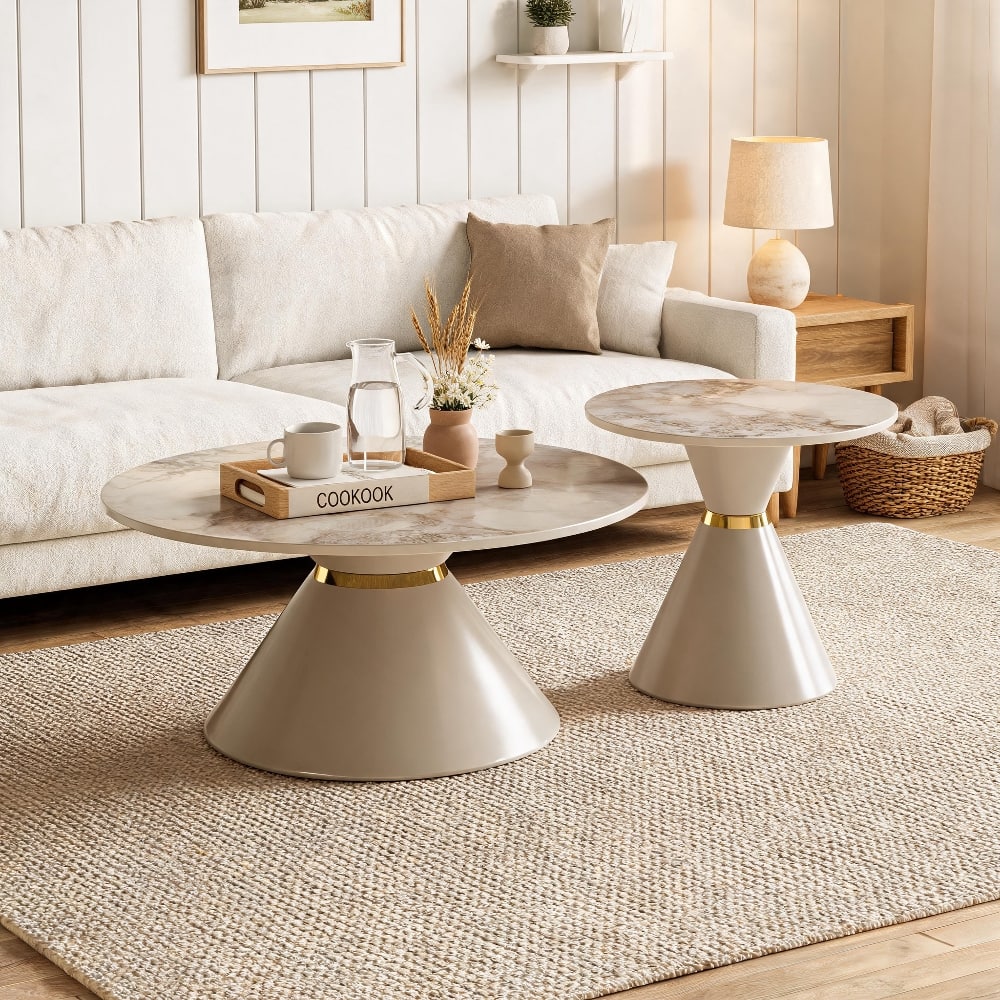 Loheer - Round Nesting Coffee Table Set of 2 Sintered Stone Top Pedestal Base - Khaki