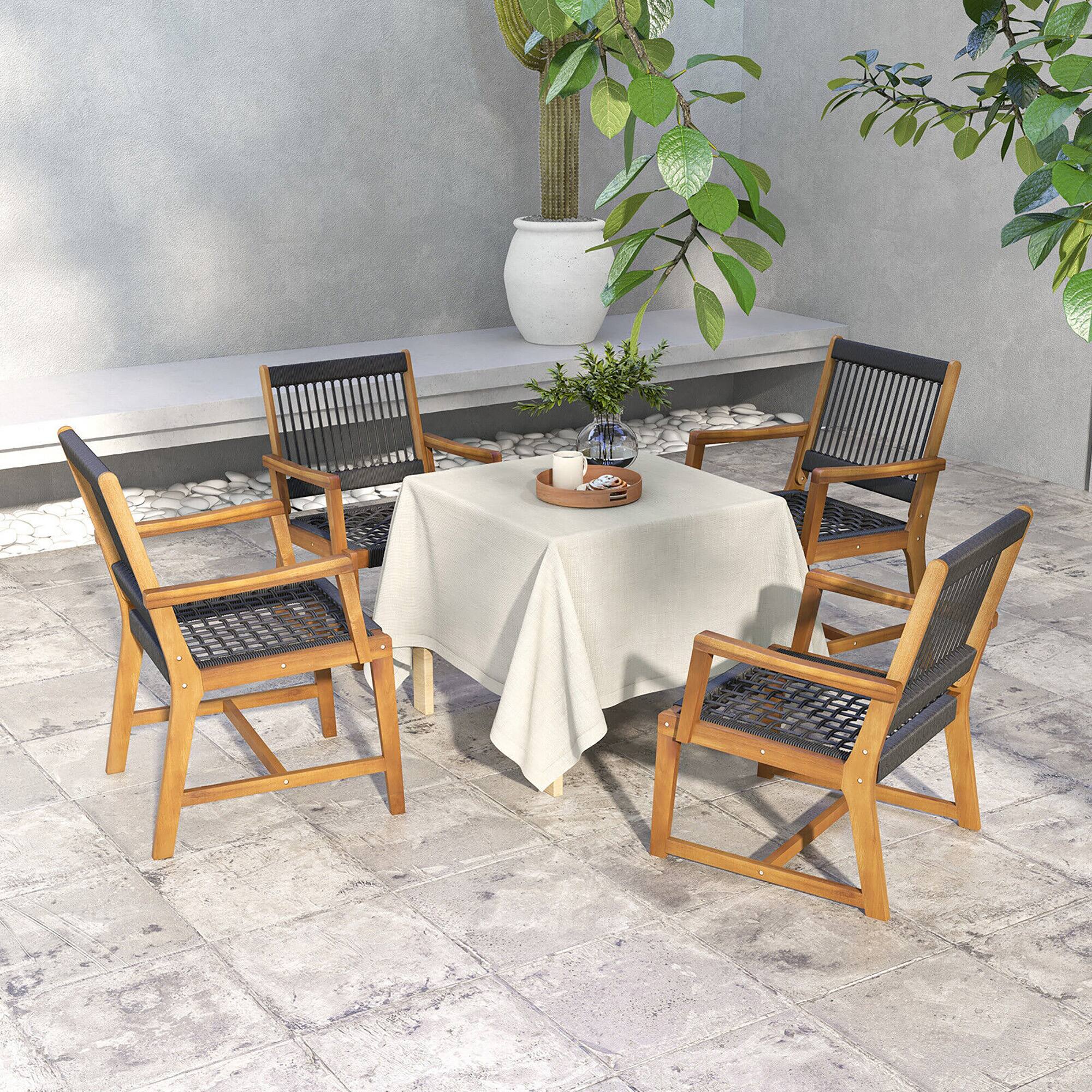 Alt View 3. Gymax - Gymax Patio 4PCS Acacia Wood Dining Chairs All-Weather Rope Woven Armchairs Outdoor - Black and Natural.