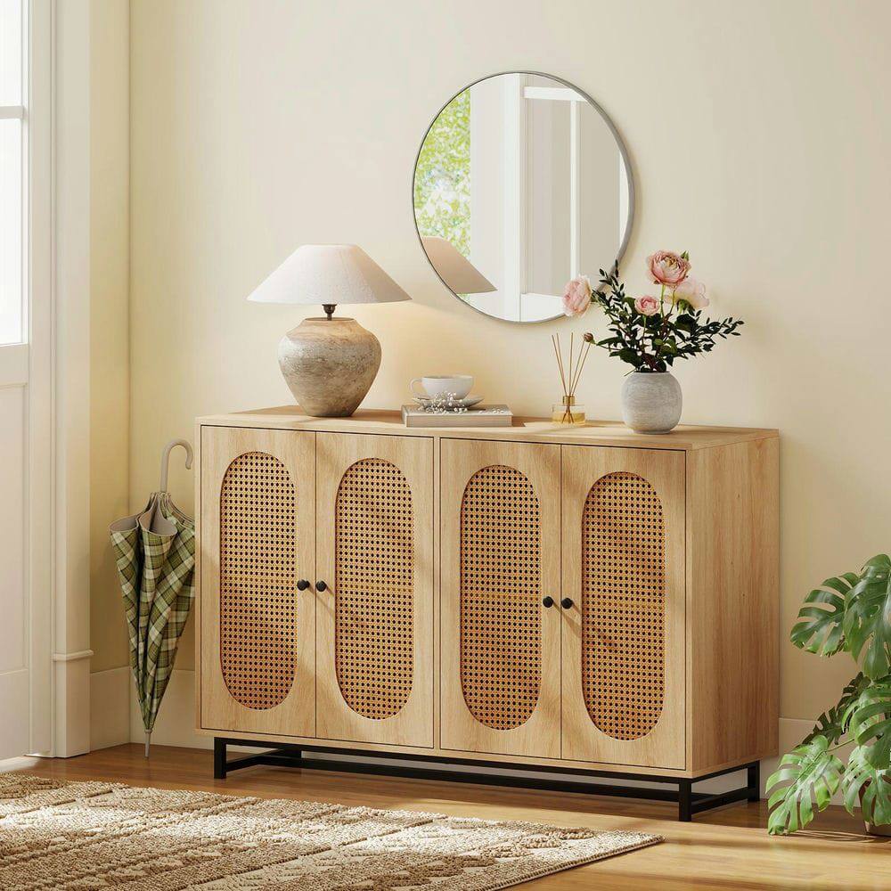 Left. Kadyn - 50" Sideboard Storage Cabinet with 4 Rattan Doors & Adjustable Shelves, Natural - Brown.