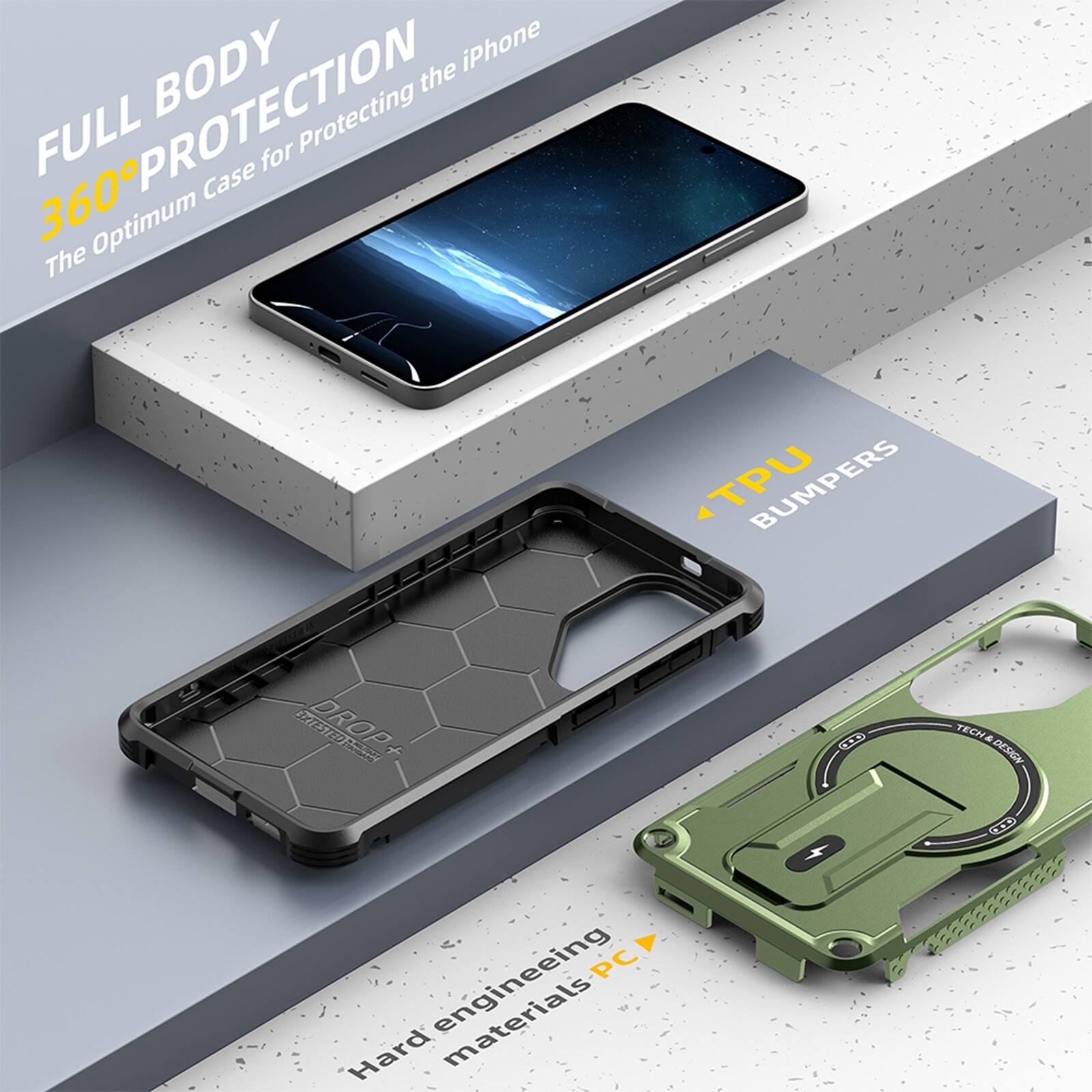 FULL BODY 360° PROTECTION  
The Optimum Case for Protecting the iPhone  

TPU BUMPERS  

Hard engineering materials PC  

TECH 030 A