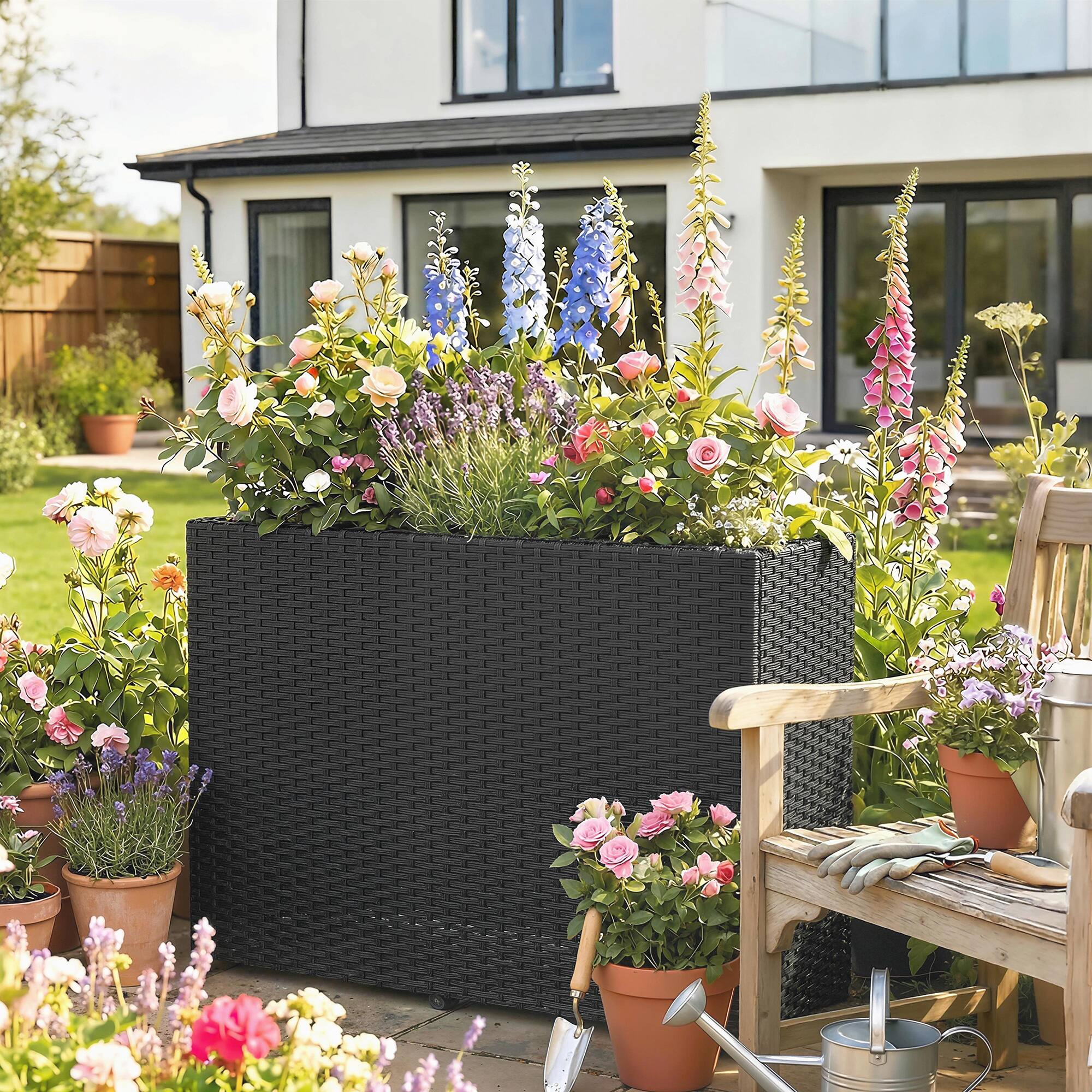 Alt View 8. Outsunny - Rectangular Planter with Removable Liner, Holes - Black.