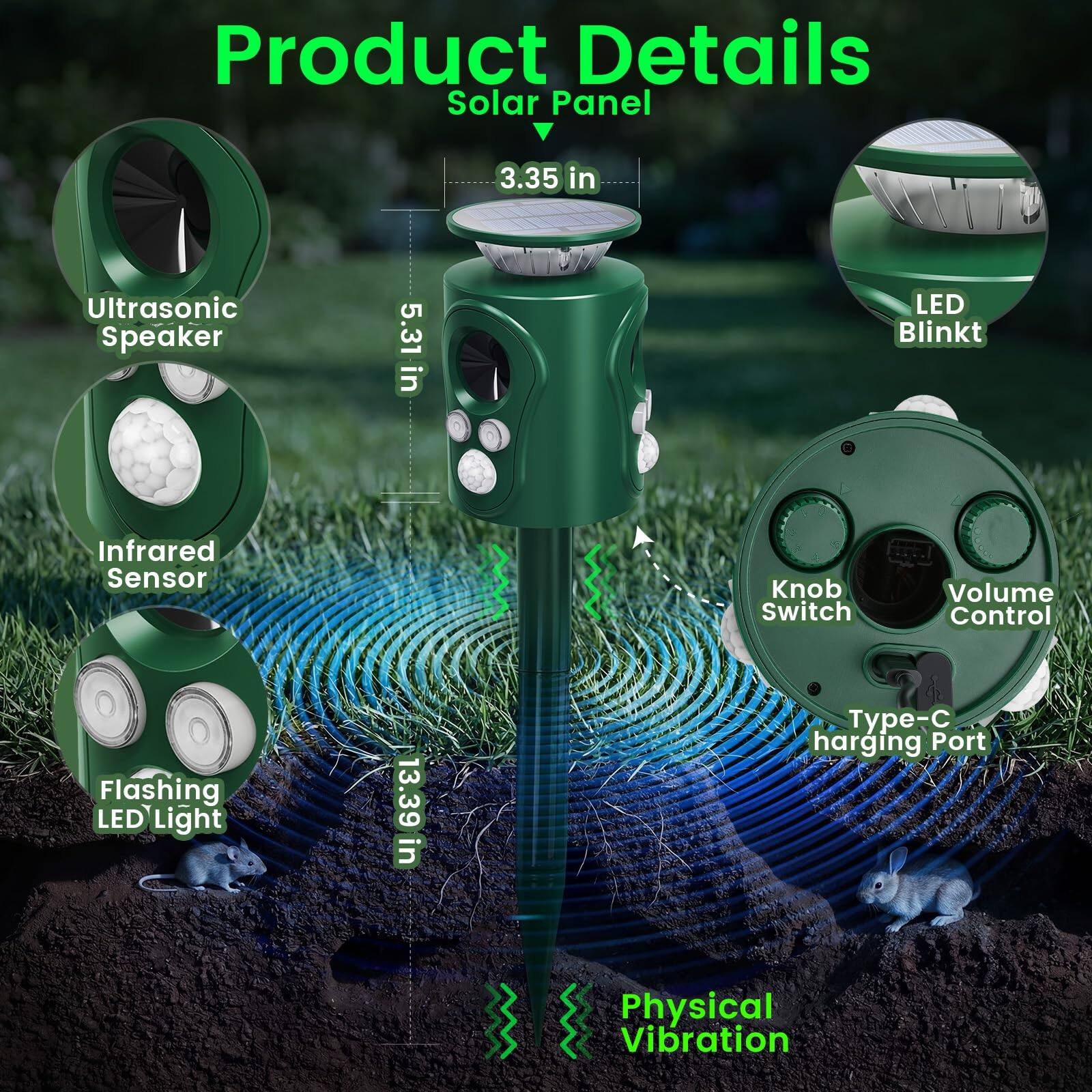 Product Details  
- Solar Panel  
- Ultrasonic Speaker  
- LED Blinkt  
- Infrared Sensor  
- Knob Switch  
- Volume Control  
- Flashing LED Light  
- Type-C Charging Port  
- Physical Vibration