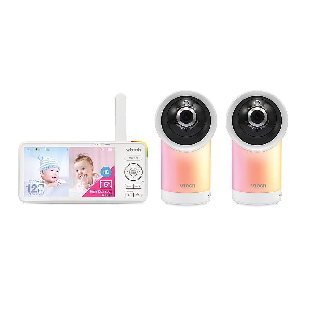 Front. VTech - 2 Camera 1080p Smart WiFi Remote Access 360 Degree Pan & Tilt Video Baby Monitor with 5” Display, Night Light - white.