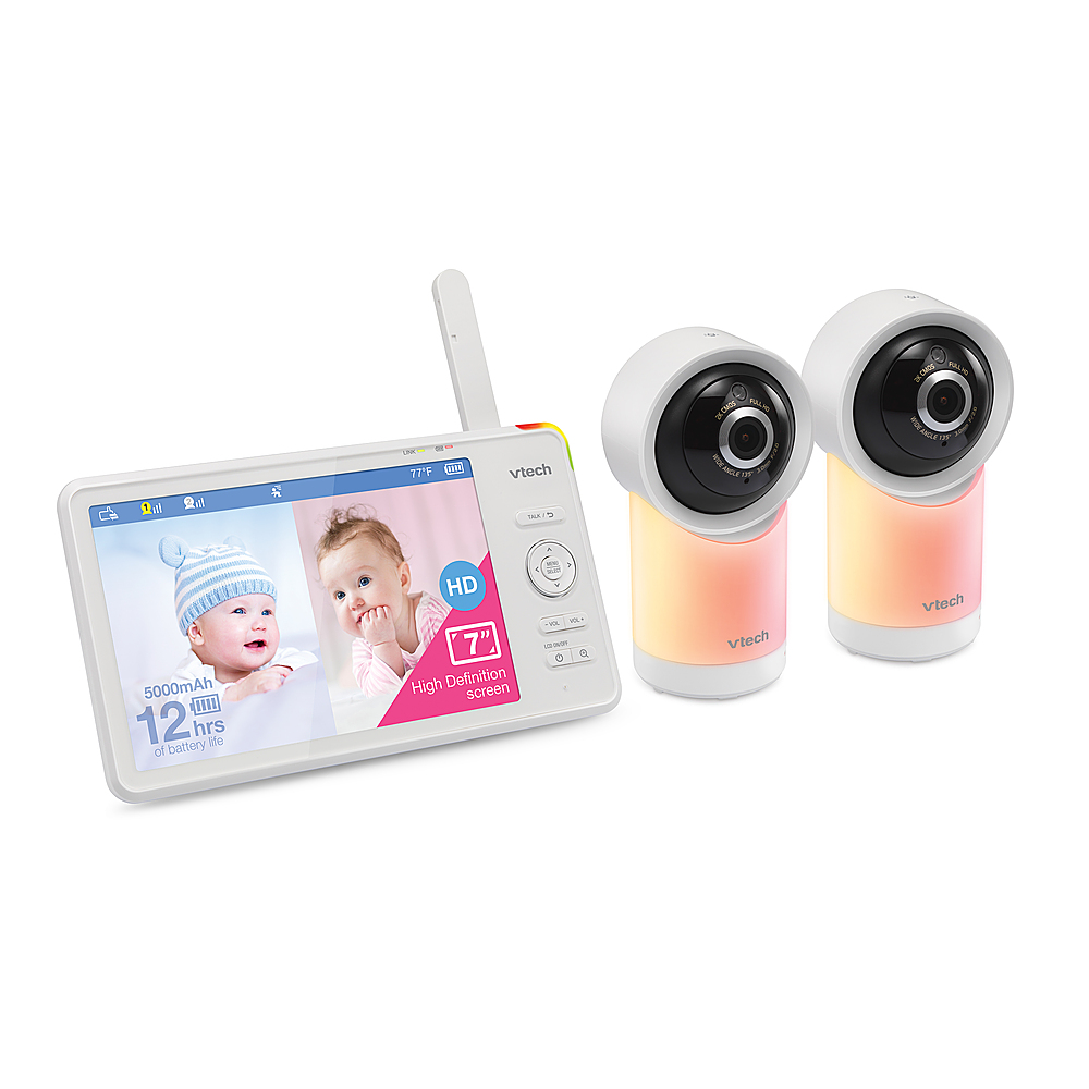 Angle View: VTech RM77662HD Smart Wi-Fi 1080p 2-Camera 360°-Pan-and-Tilt Video Baby Monitor System with 7-In. Display, Night-Light, and Remote Access, White, RM7766-2HD