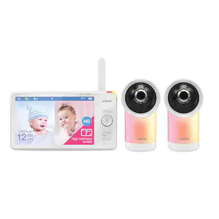 Front. VTech - 2 Camera 1080p Smart WiFi Remote Access 360 Degree Pan & Tilt Video Baby Monitor with 7” Display, Night Light - white.