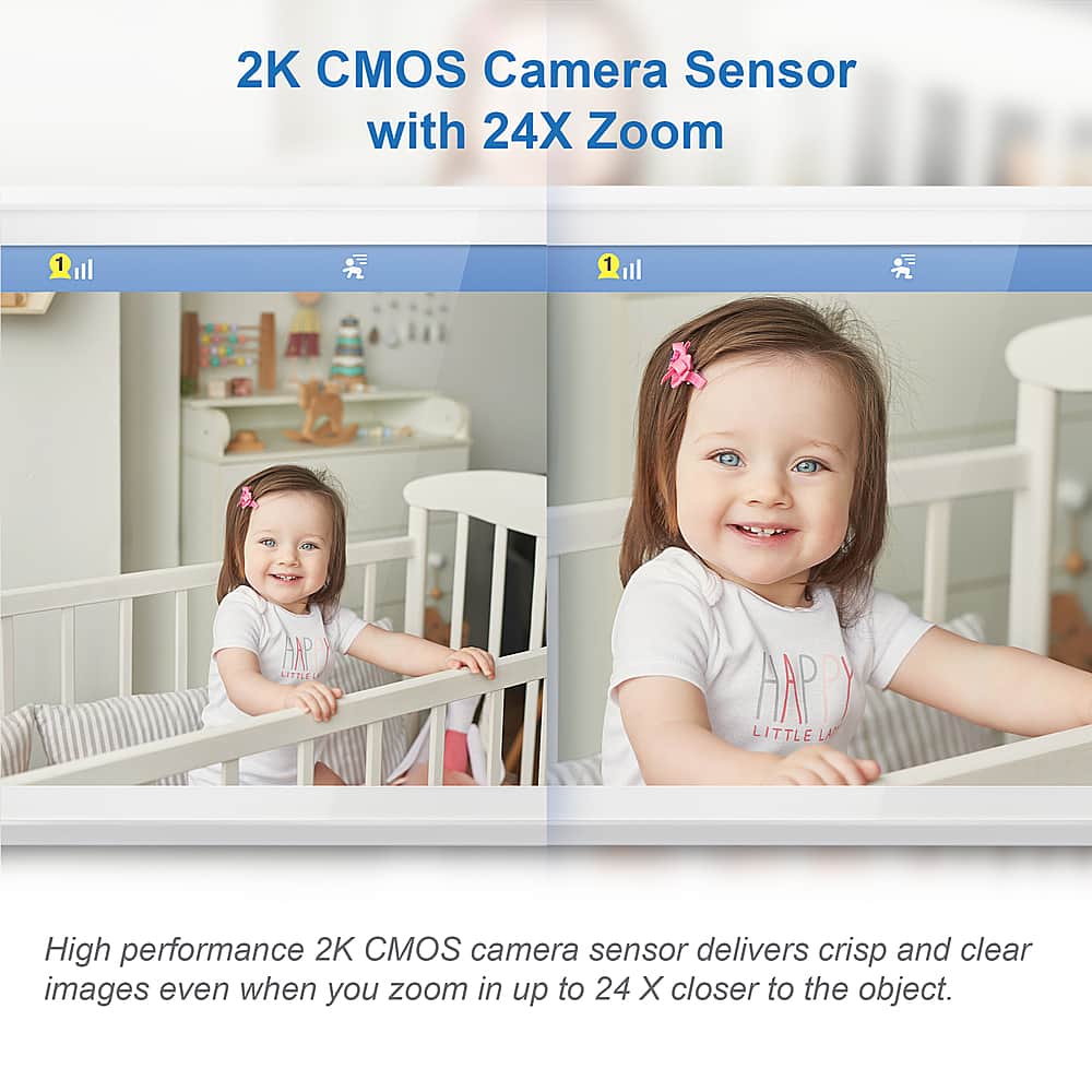 The image features a young girl sitting in a crib, with a 2K CMOS camera sensor and 24X zoom. The high-performance sensor captures crisp and clear images, even when zooming in up to 24 times closer to the object. The girl is smiling, and the scene appears to be captured with a Happy Little Lies camera.