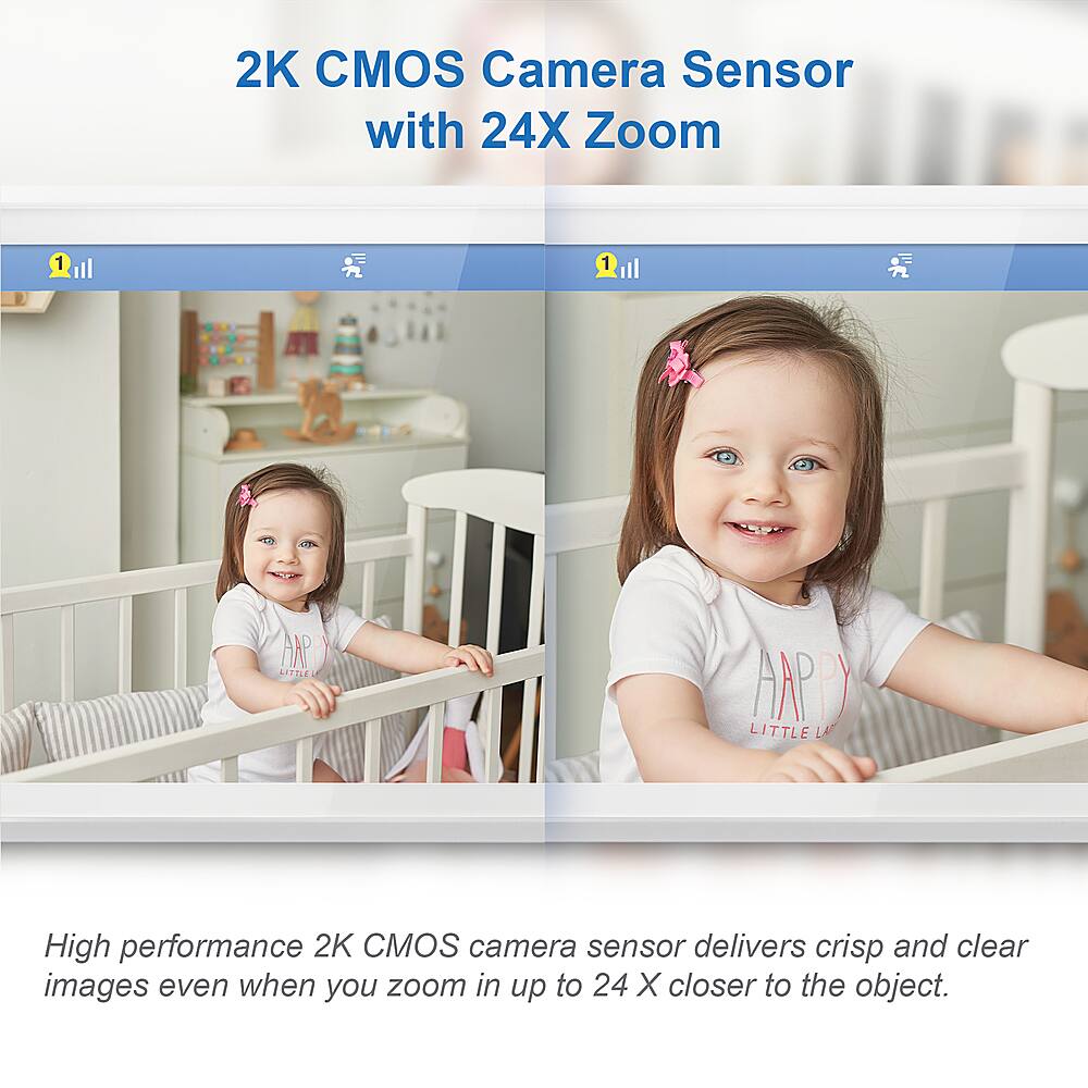 The image features a young girl sitting in a crib, with a 2K CMOS camera sensor and 24X zoom. The high-performance sensor captures crisp and clear images, even when zooming in up to 24 times closer to the object. The girl is smiling, and the scene appears to be captured with a Happy Little Lies camera.