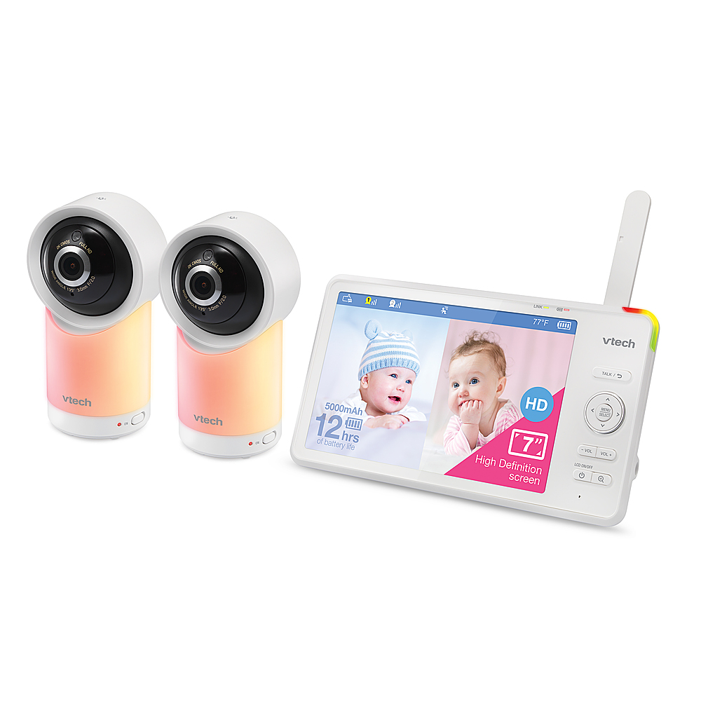 Left View: VTech RM77662HD Smart Wi-Fi 1080p 2-Camera 360°-Pan-and-Tilt Video Baby Monitor System with 7-In. Display, Night-Light, and Remote Access, White, RM7766-2HD