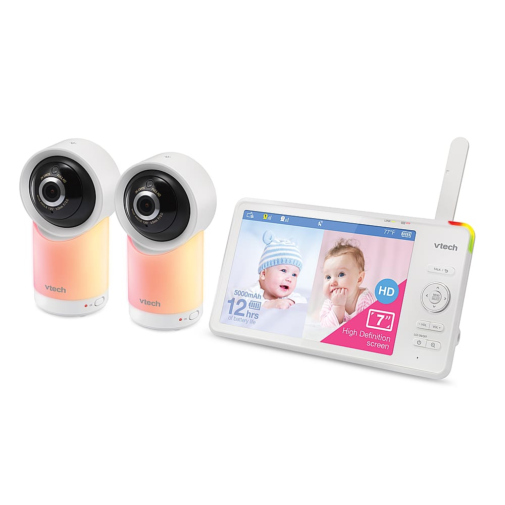 Left. VTech - 2 Camera 1080p Smart WiFi Remote Access 360 Degree Pan & Tilt Video Baby Monitor with 7” Display, Night Light - white.