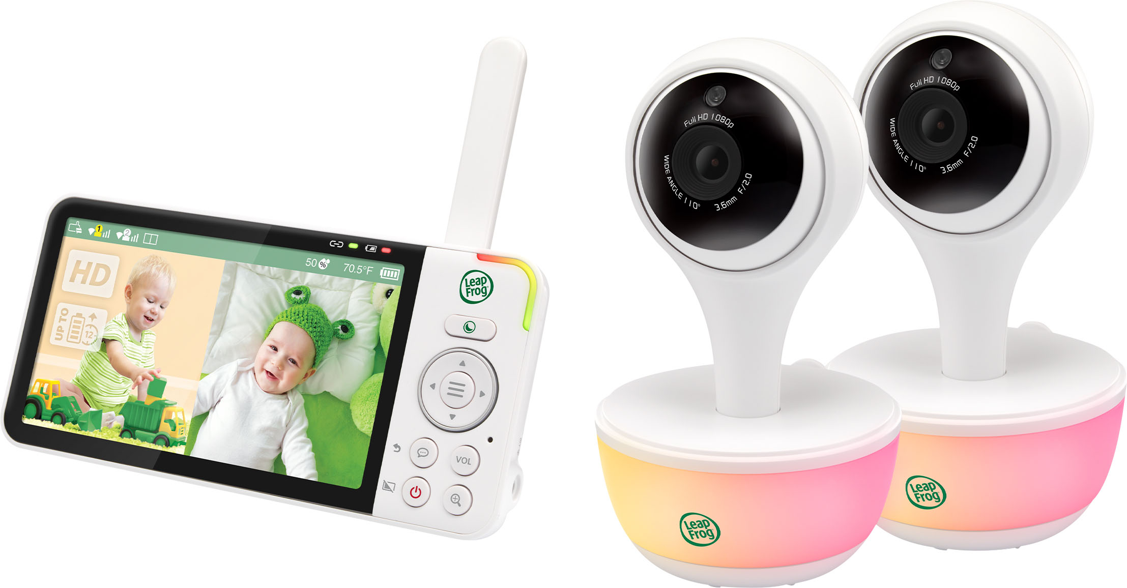 Angle View: LeapFrog - 1080p WiFi Remote Access 2 Camera Video Baby Monitor with 5” Display, Night Light, Color Night Vision - white