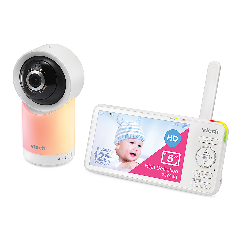 Left View: VTech - 1080p Smart WiFi Remote Access 360 Degree Pan & Tilt Video Baby Monitor with 5” Display, Night Light - White