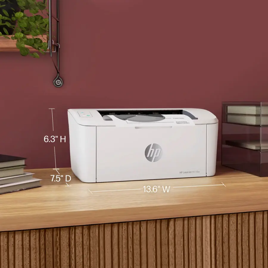 The text on the image reads:

"-- : 7.5" D hp 13.6" W HP Laserjet M 0w"

This text describes the dimensions of the HP Laserjet M 0w printer, which is 7.5 inches deep, 13.6 inches wide, and has a height of 6.3 inches.