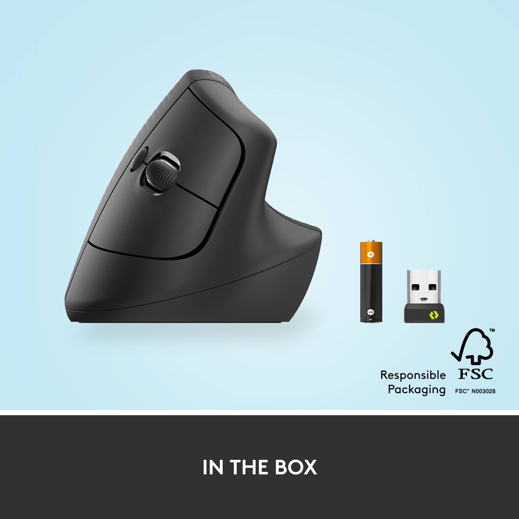 In the box, there is a black mouse and a small USB stick. The packaging is made from responsible FSC materials.