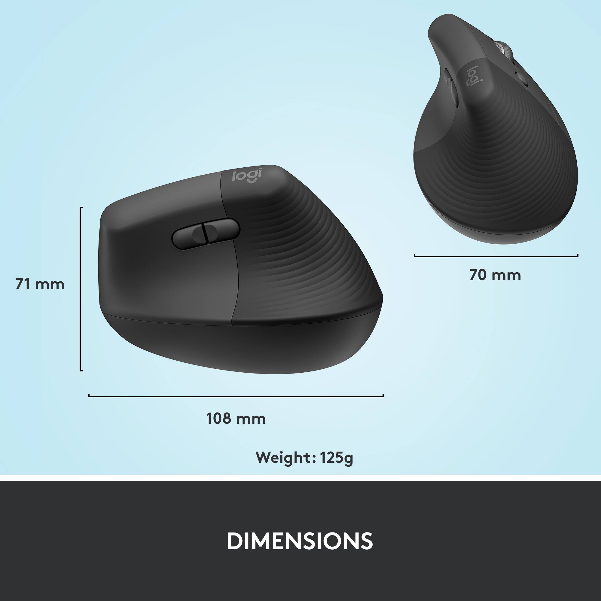 The image features two computer mice, one black and one gray, with their dimensions and weight displayed. The black mouse is 71 mm in length and 70 mm in width, while the gray mouse is 108 mm in length and 71 mm in width. Both mice have a weight of 125 grams.