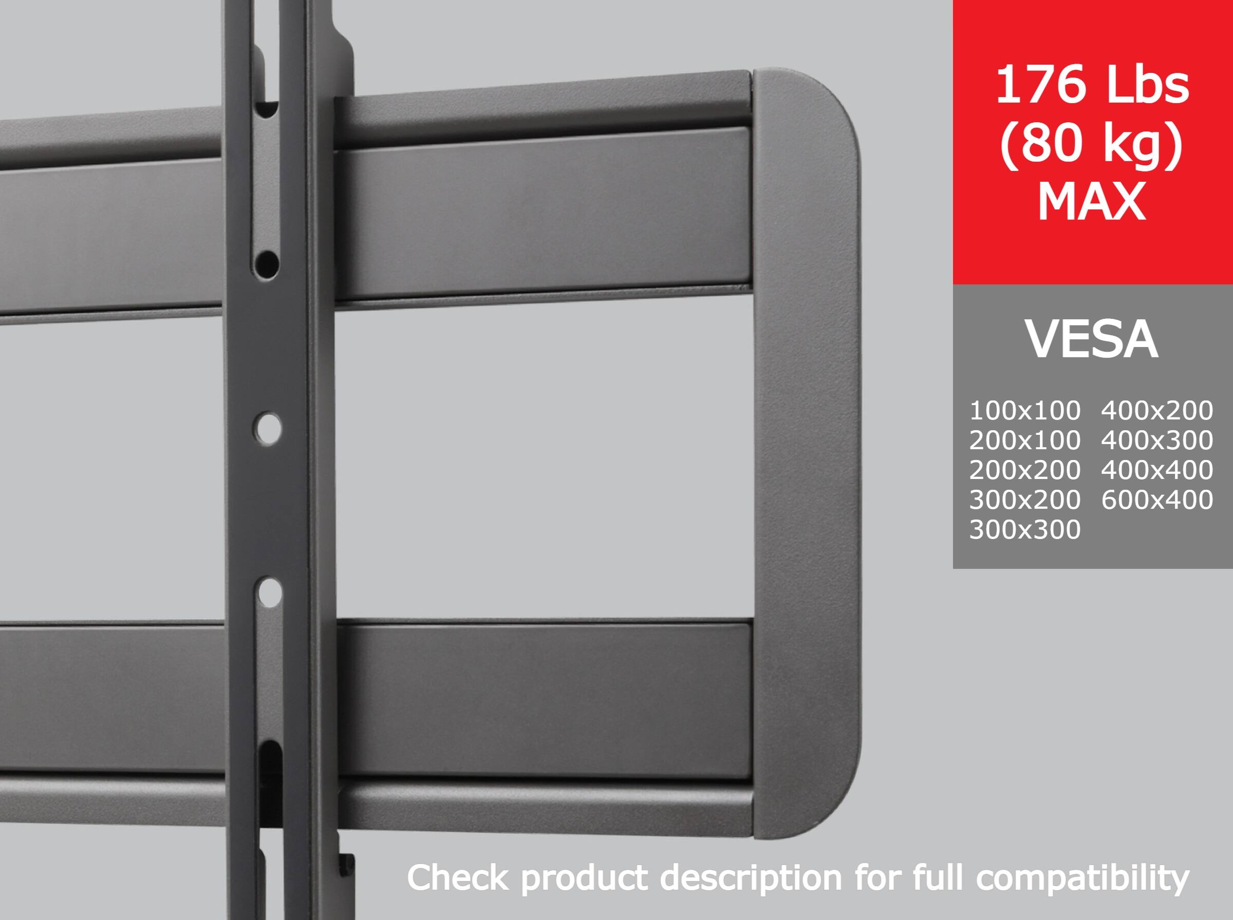 The image features a large gray VESA mount, which is designed to hold a monitor or television securely. The mount is rated to hold up to 176 pounds (80 kg) and is compatible with various VESA sizes, including 100x100, 400x200, 200x100, 400x300, 200x200, 400x400, 300x200, and 600x400. The mount is suitable for use with a wide range of monitor and television sizes, making it a versatile option for various display needs.