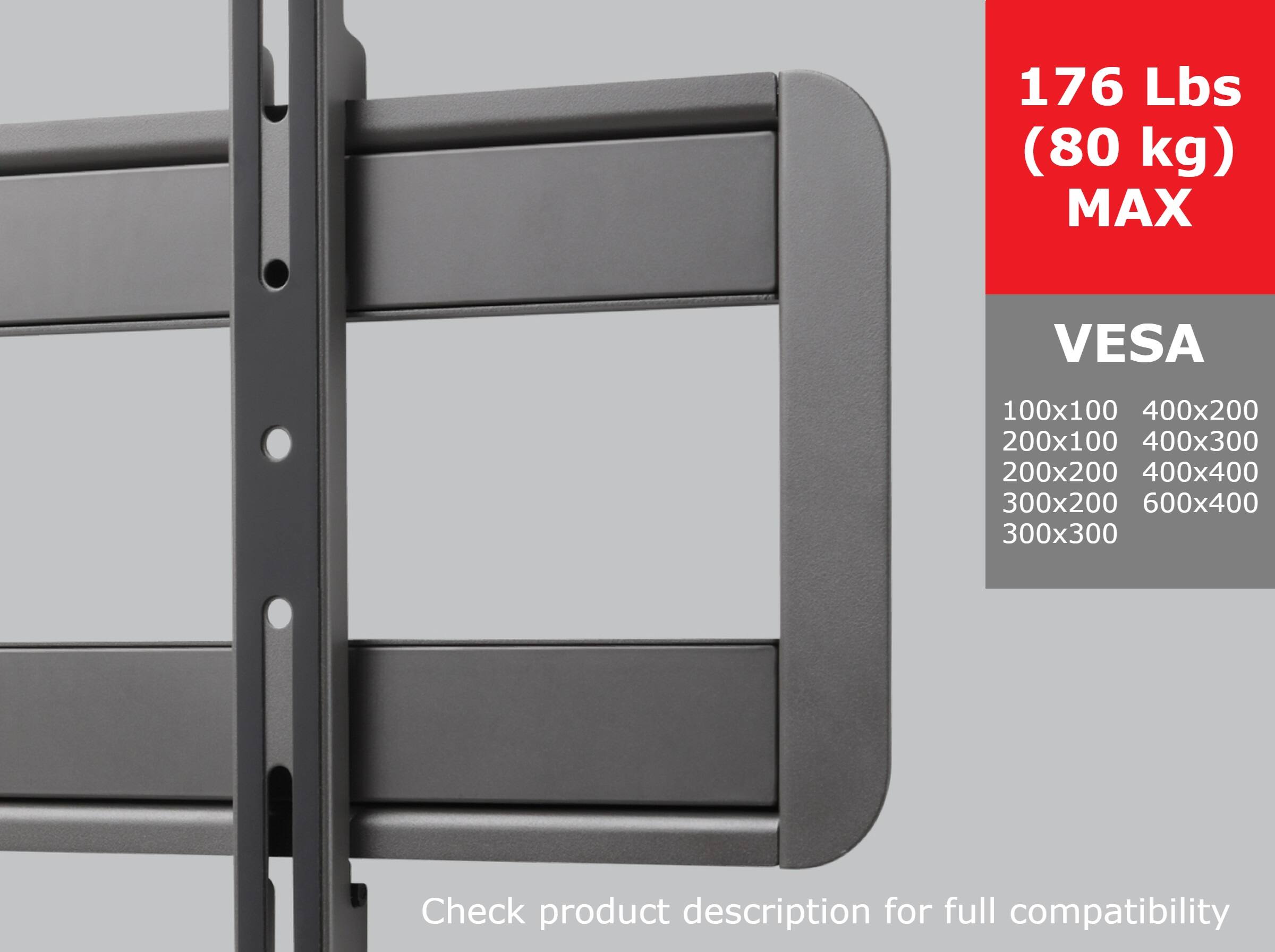 The text on the image is already grouped and correctly formatted. It reads: "176 Lbs (80 kg) MAX VESA 100x100 400x200 200x100 400x300 200x200 400x400 300x200 600x400 300x300 Check product description for full compatibility."