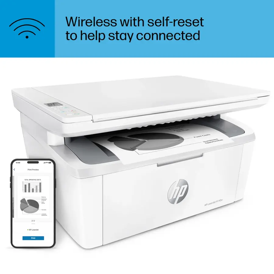 The image features a white HP printer with a cell phone placed next to it. The printer is wireless and has a self-reset function to help stay connected. The cell phone is likely used for printing purposes or to control the printer remotely.