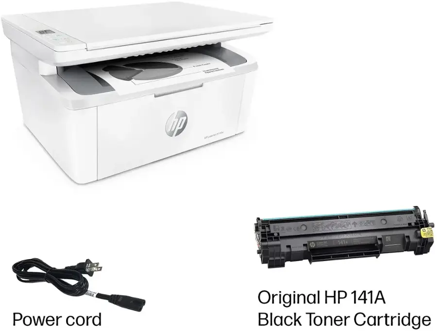 In the box, you'll find an HP LaserJet MFP M140w printer, along with a power cord and an original HP 141A black toner cartridge.