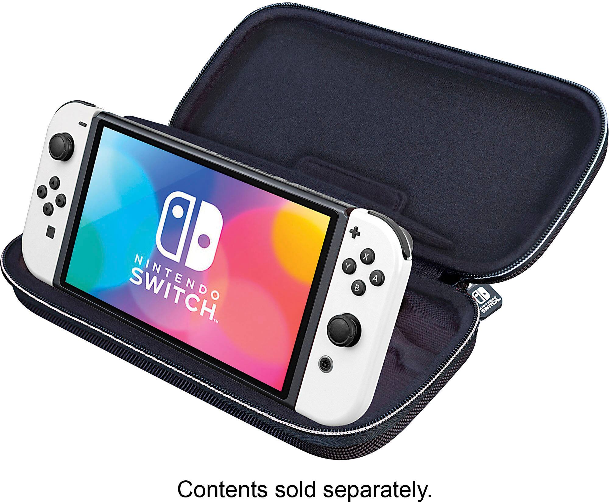 The image features a Nintendo Switch game console in a blue carrying case. The console is placed on top of the case, and the case is open, revealing the Switch. The image showcases the console's design and the protective case that it comes with.
