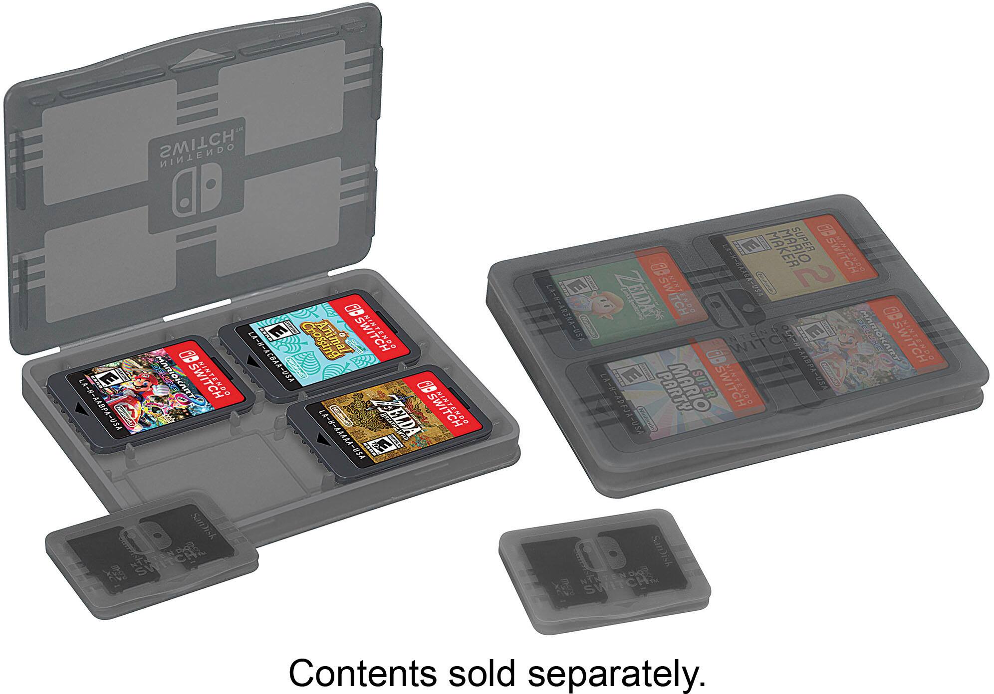 The image features a Nintendo Switch game console with several game cartridges placed in a carrying case. The case is open, revealing the games inside. The games include titles like Zelda, Mario Kart, and Party. The case is designed to hold and protect the game cartridges while on the go.
