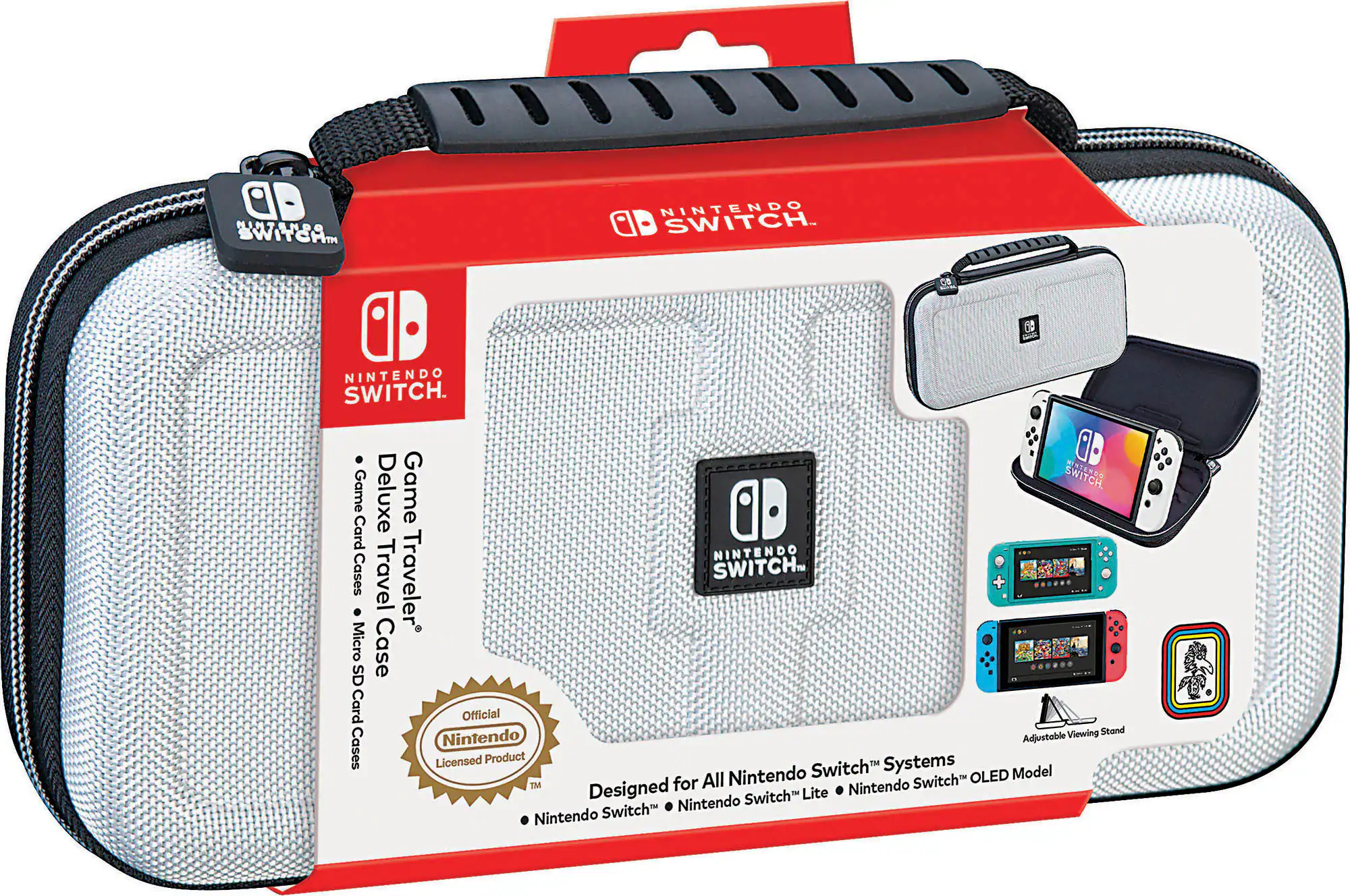 The image features a Nintendo Switch travel case, which is designed to protect the gaming console during travel. The case is white and gray, and it is made by Nintendo. The case is packaged with a micro SD card and a game card, both of which are essential for playing games on the Nintendo Switch. The case is suitable for the Nintendo Switch, Nintendo Switch Lite, and Nintendo Switch OLED models.