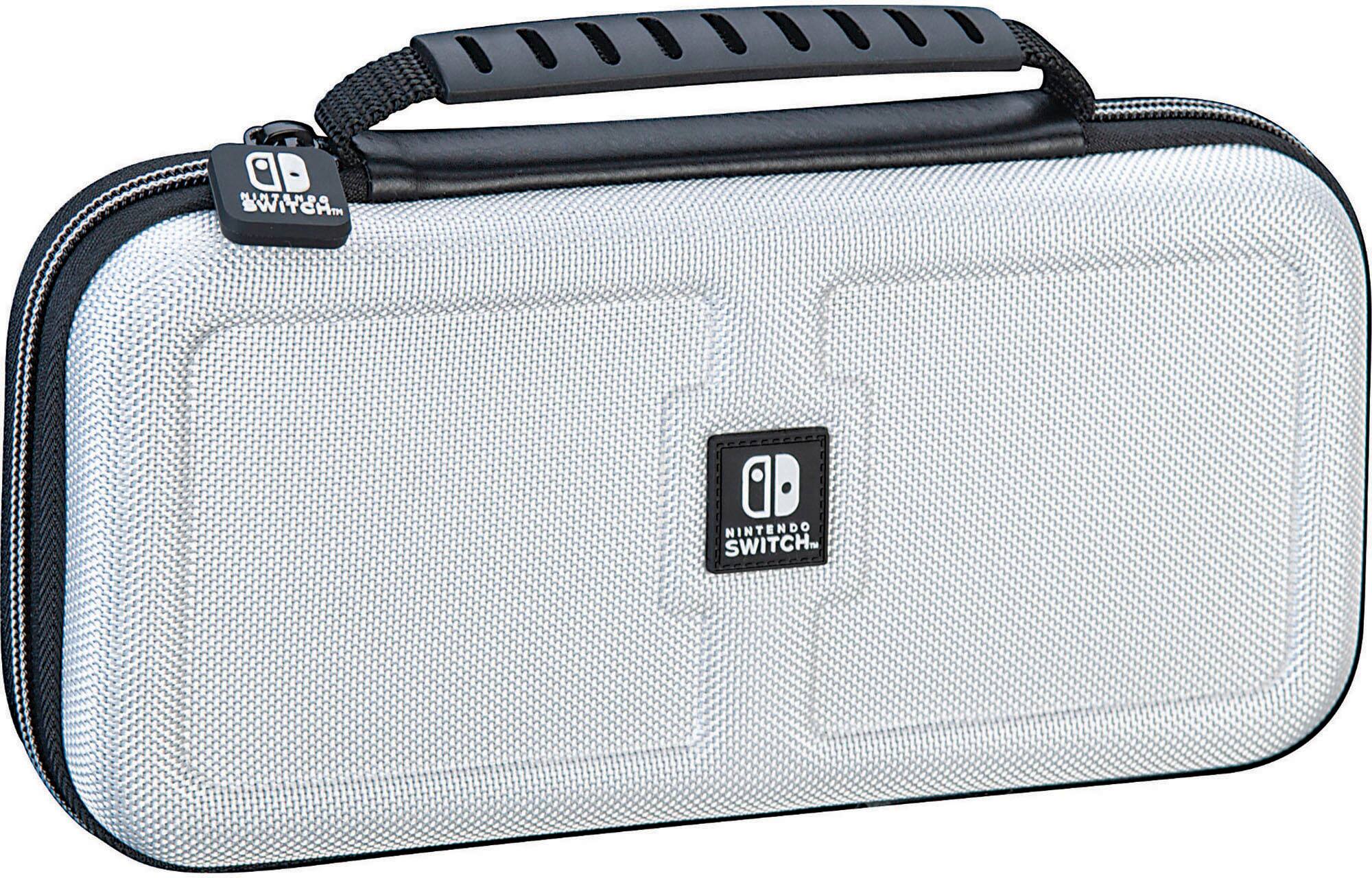 The image features a Nintendo Switch carrying case, which is designed to protect the gaming console during transportation. The case is white and grey in color, and it has a black handle for easy carrying. The case is designed to hold the Nintendo Switch console and its accessories, ensuring that they remain safe and secure during travel.