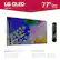 The image features a large LG OLED television, which is 77 inches in size and has a diagonal length of 76.7 inches. The dimensions of the television are 67.4 inches wide by 38.4 inches tall, and it comes with a stand that adds 12.6 inches to the height. The television is described as having a "magic remote" and a "magic tap remote control," which likely offer advanced features and functions. The television also comes with a power cable and a wall mount, making it easy to set up and use.