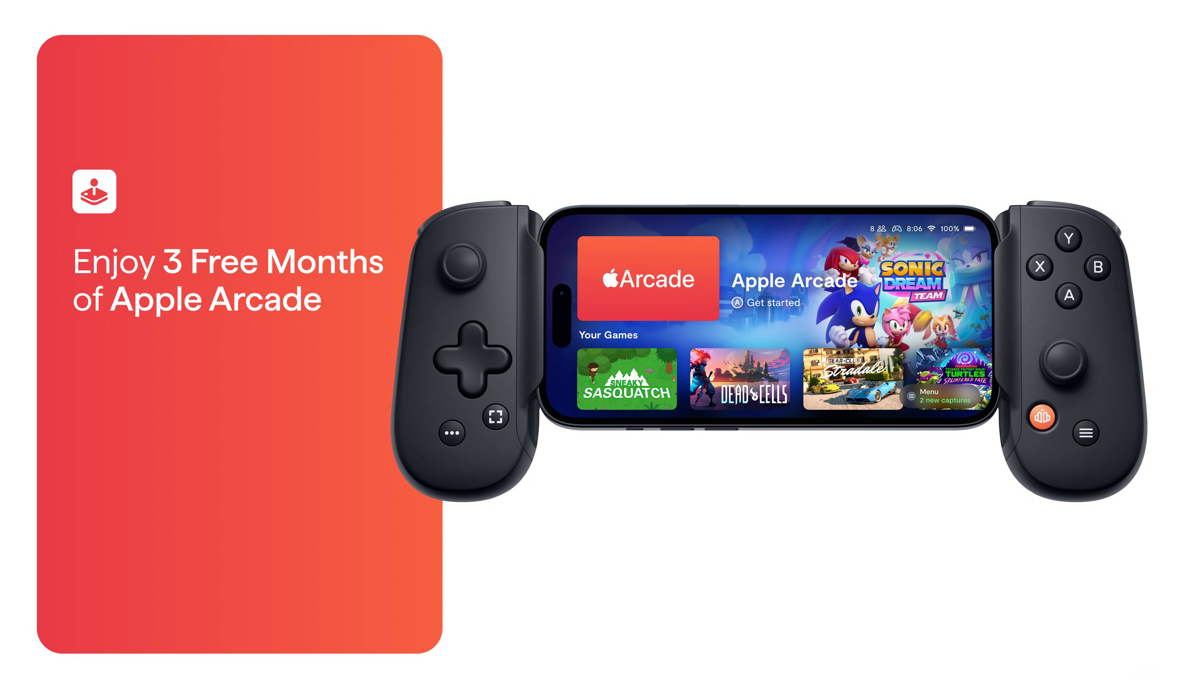 The image features a Nintendo Switch game controller with a display of various games, including Apple Arcade. The controller is prominently displayed in the foreground, while the games are showcased in the background. The image is advertising a three-month free trial of Apple Arcade, which offers a wide selection of games for users to enjoy. The controller is held by a person who is not visible in the image, but their presence is implied by the controller's positioning.