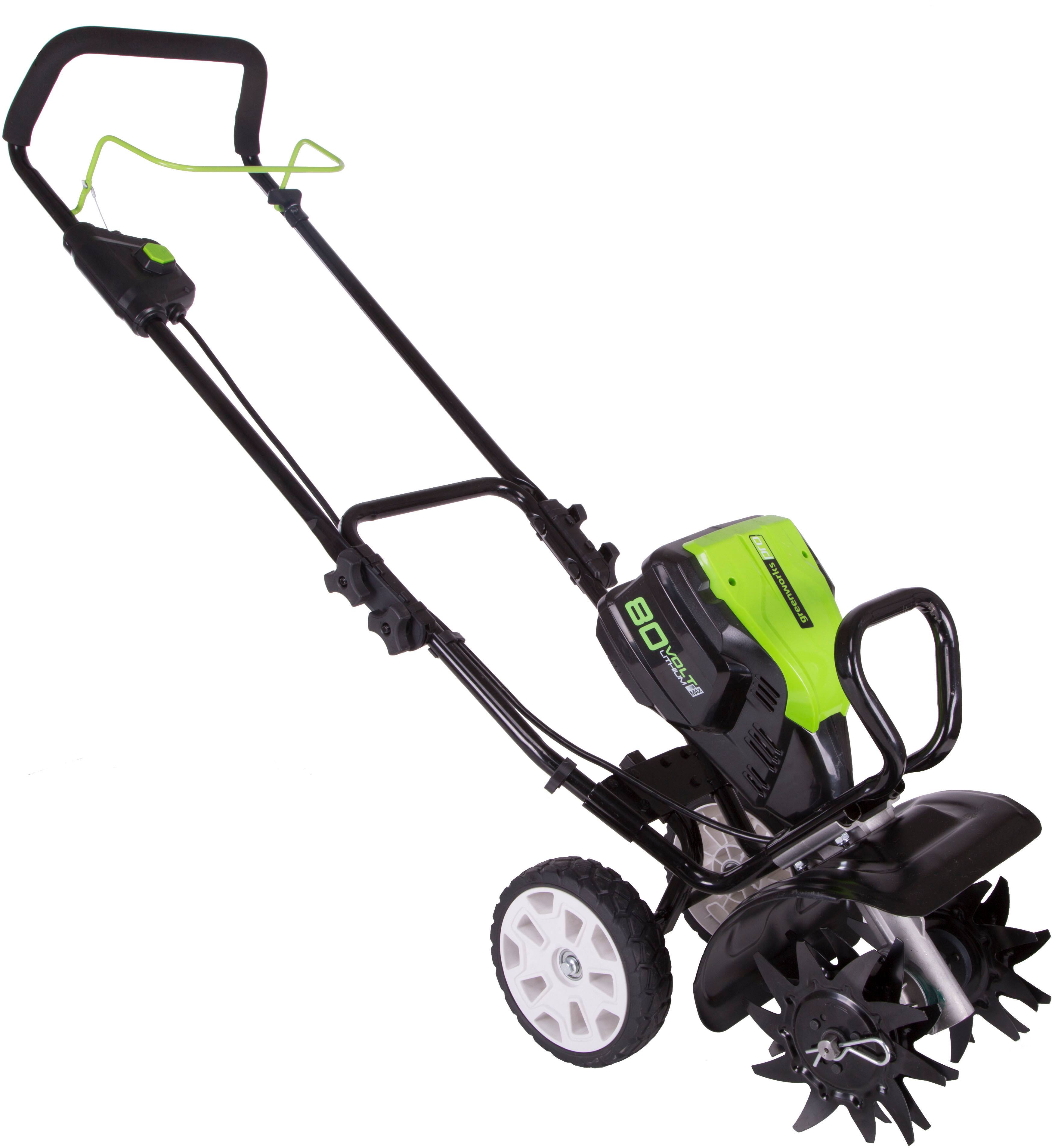 Angle. Greenworks - 10 " 80 Volt Cultivator/Tiller (2Ah battery & charger included) - Black.