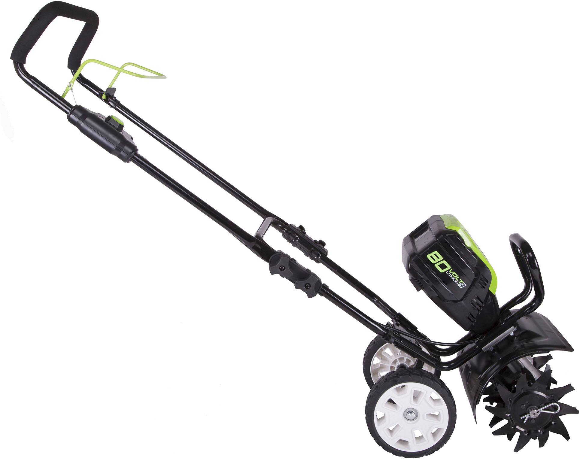 Left. Greenworks - 10 " 80 Volt Cultivator/Tiller (2Ah battery & charger included) - Black.