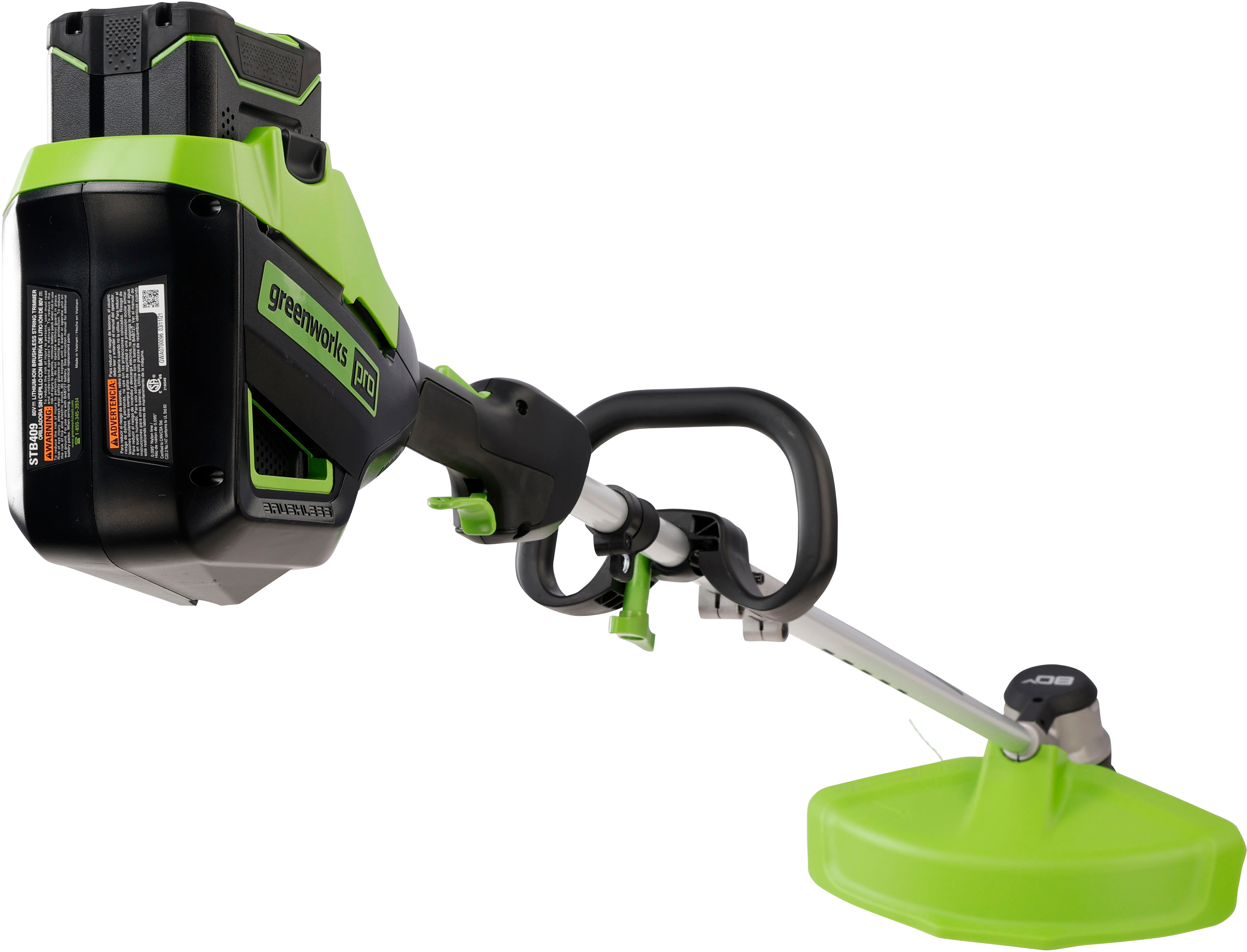 Angle View: Greenworks - 80V 16" Cutting Diameter  Brushless Straight Shaft Grass Trimmer 2.0 Ah Battery and Rapid Charger - Black/Green