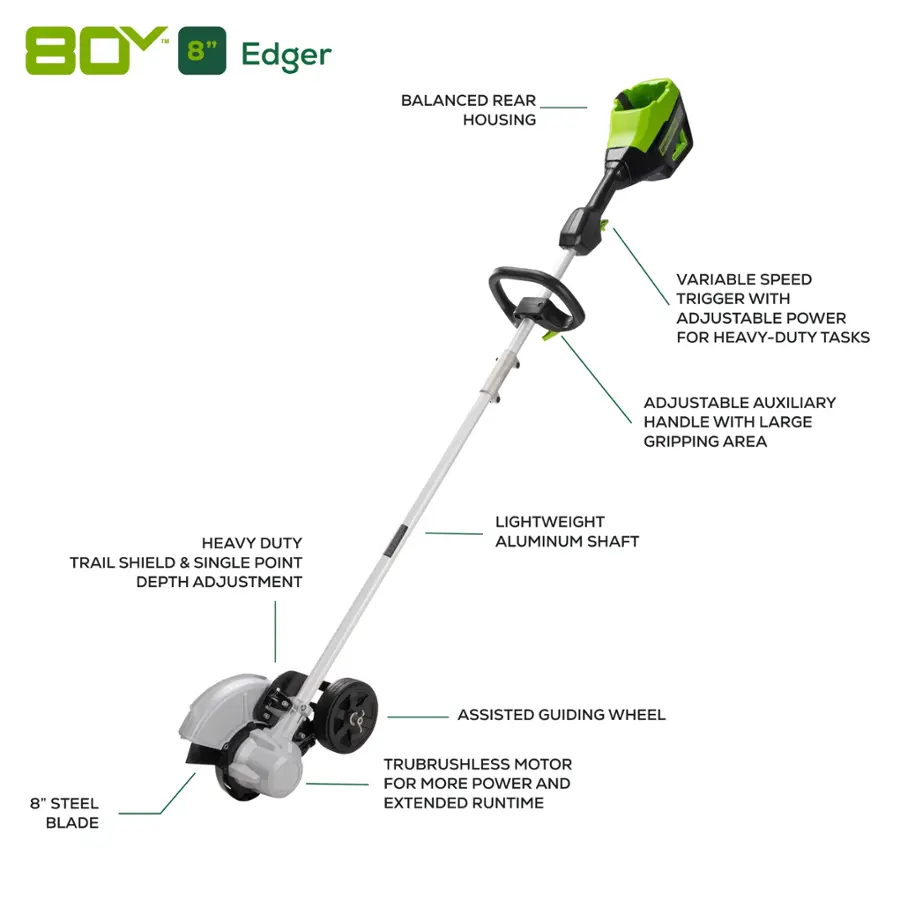 The image features a green and white lawn trimmer, which is a type of brush and lawn trimmer. The trimmer has a balanced rear housing, variable speed trigger, and adjustable auxiliary handle with a large gripping area. It also has a heavy-duty trail shield and single point depth adjustment, making it suitable for heavy-duty tasks. The trimmer is lightweight and has an aluminum shaft, which provides additional durability and strength. The trimmer is equipped with an assisted guiding wheel and a 8-inch steel blade. The motor of the trimmer is designed to provide more power and an extended runtime.