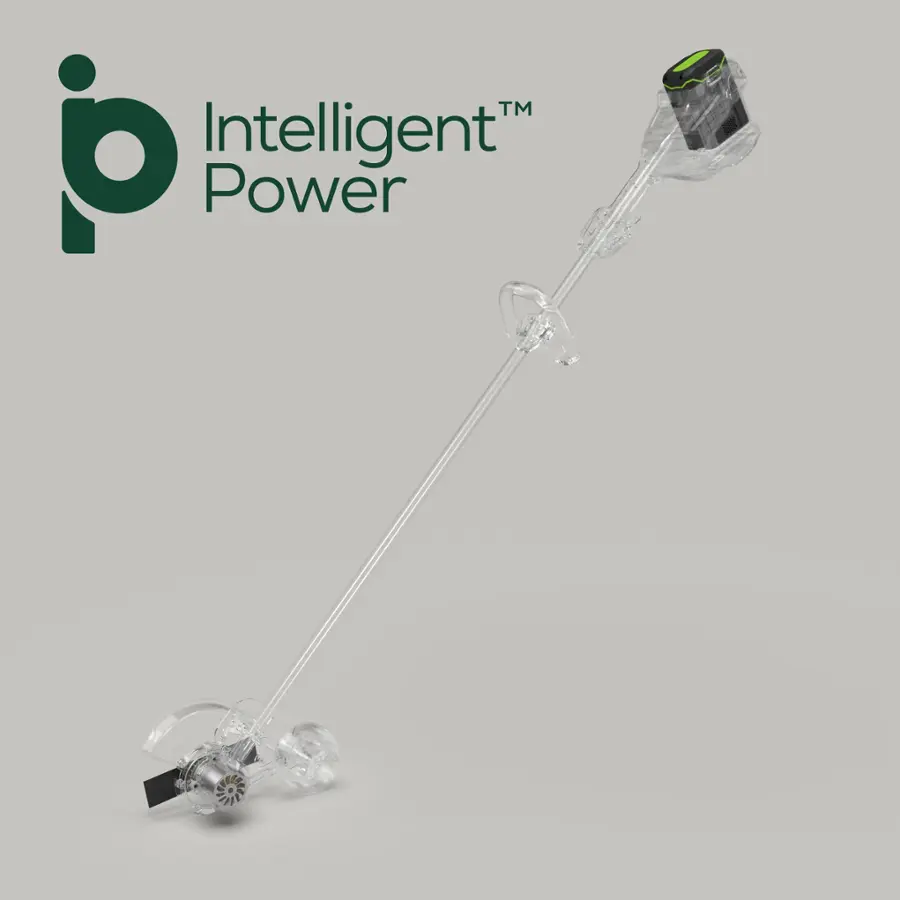 The image features a large, clear glass object with a green and white logo on it. The object appears to be a brush and lawn trimmer, with a green and white label that reads "Intelligent Power." The object is prominently displayed in the foreground, with a white background behind it.