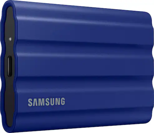 Front. Samsung - T7 Shield 2TB External USB 3.2 Gen 2 Rugged SSD IP65 Water Resistant - Blue.