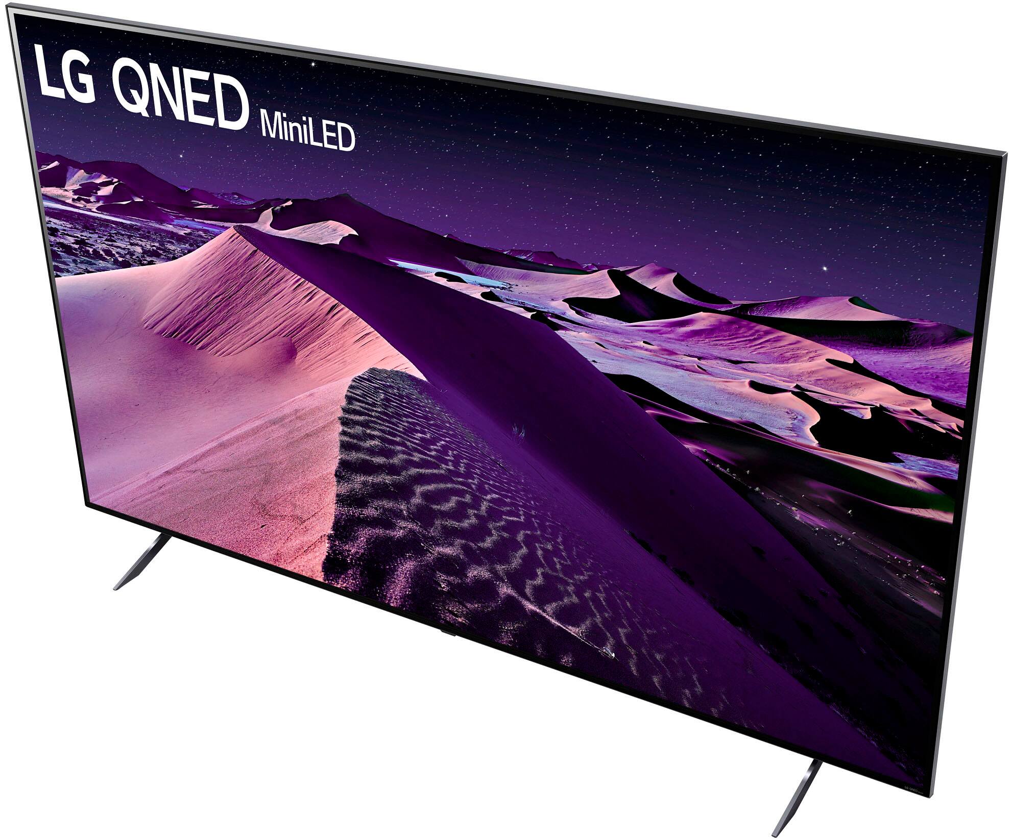 The image features a large LG QNED MiniLED television, which is 86 inches in size. The dimensions of the television are 75.8 inches in width, 43.5 inches in height, and 1.8 inches in depth. The television is accompanied by a stand and a remote control, which can be used to operate the TV. Additionally, the box contains a magic remote, a stand, a remote control, batteries, and a quick start guide. The television is designed to provide an immersive viewing experience with its large screen and advanced features.